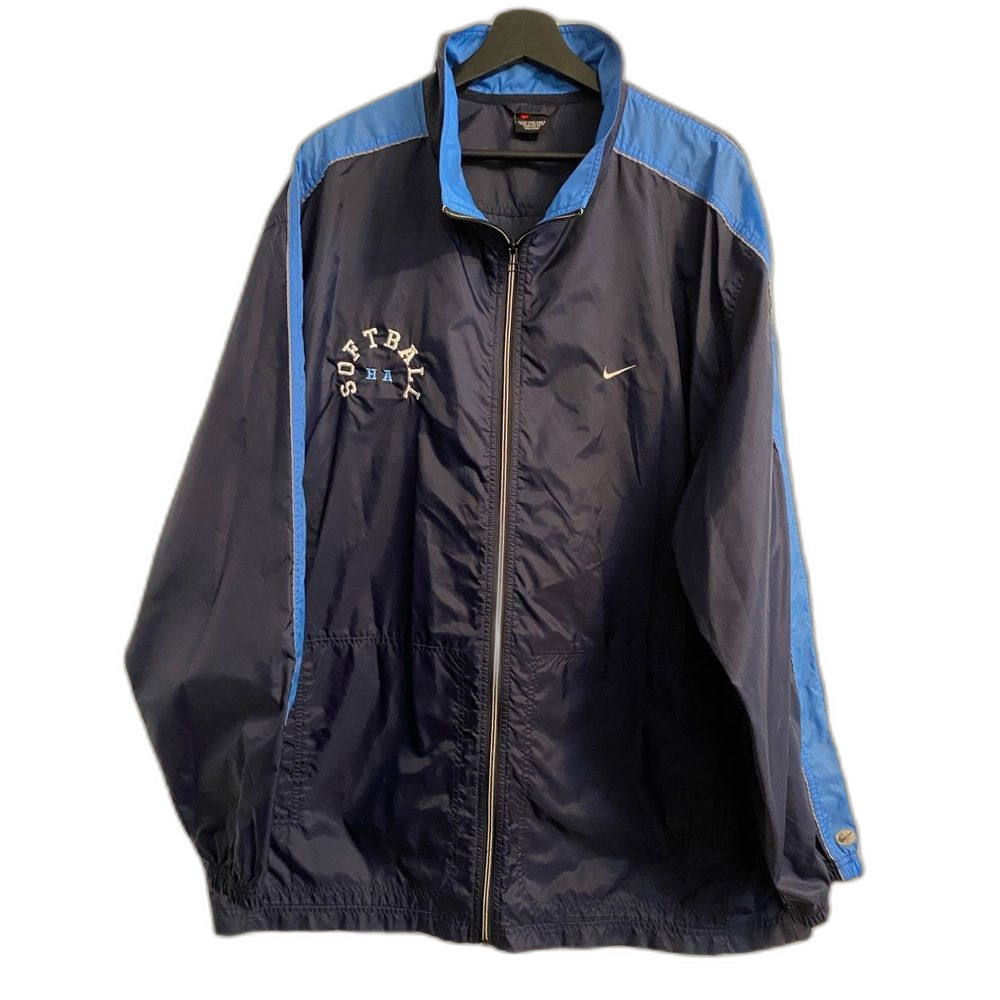 Vintage 90s Nike XXL 2X Blue Windbreaker Athletic Softball Jacket Red Swoosh